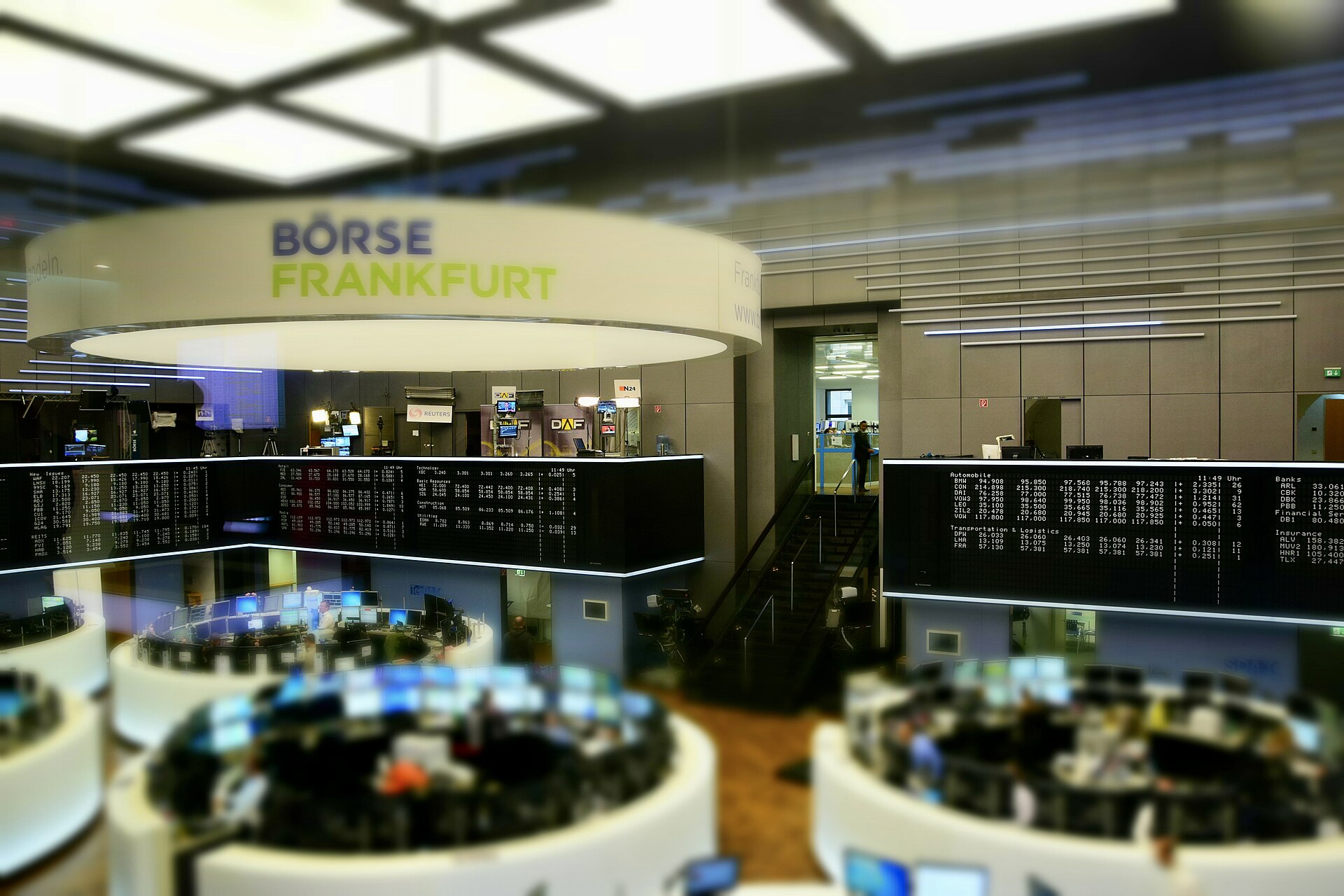 The trading floor of the Frankfurt Stock Exchange with its large index display